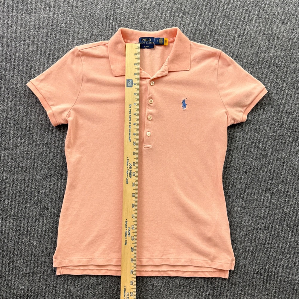 Polo Ralph Lauren Polo Shirt Womens M Peach Slim Fit Cotton Stretch Blue Pony - Picture 7 of 9